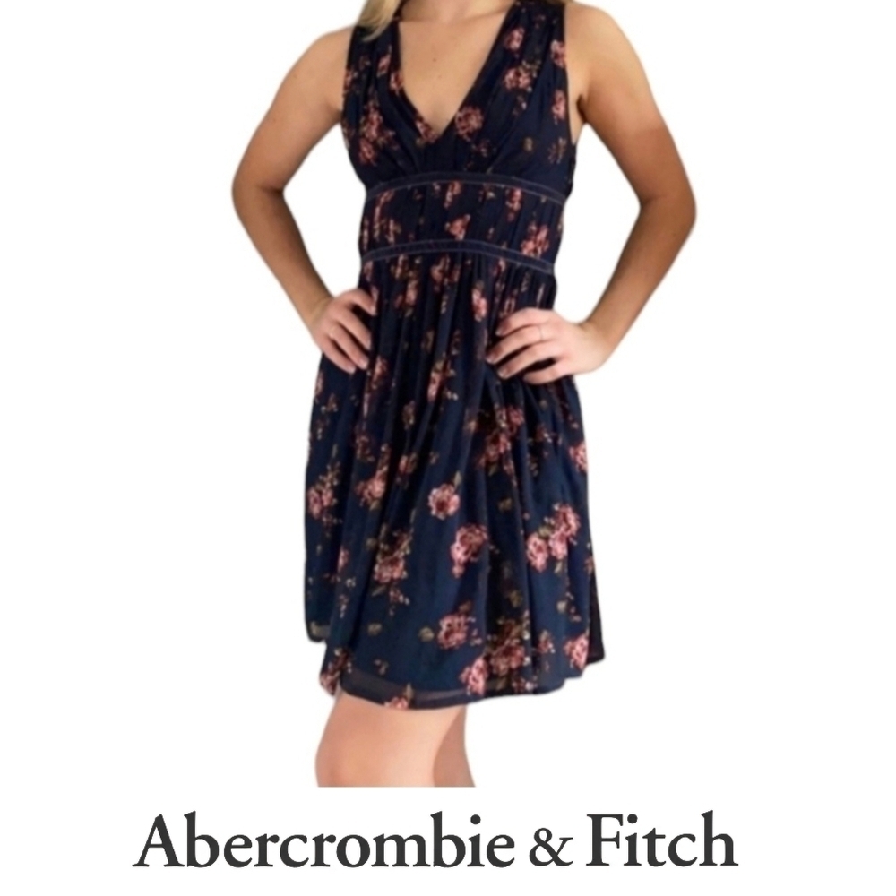 ABERCROMBIE & FITCH • Navy Floral Mini Dress • Velvet Ribbon •VTG• Size XS •EUC•